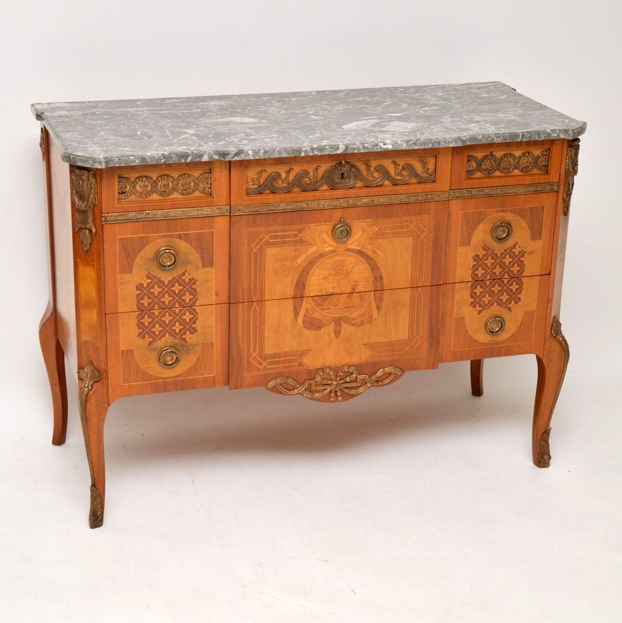 Antique Swedish Marble Top Commode With Fine Marquetry