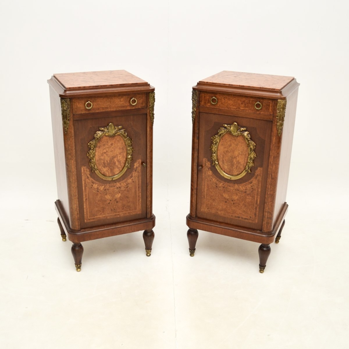 Pair of Antique French Inlaid Walnut Marble Top Bedside Cabinets