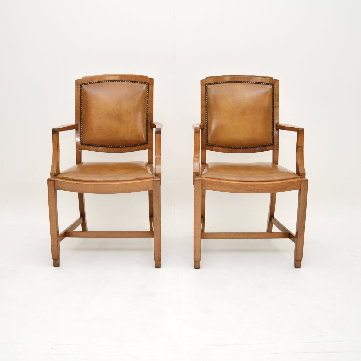 Pair of Art Deco Walnut and Leather Carver Armchairs