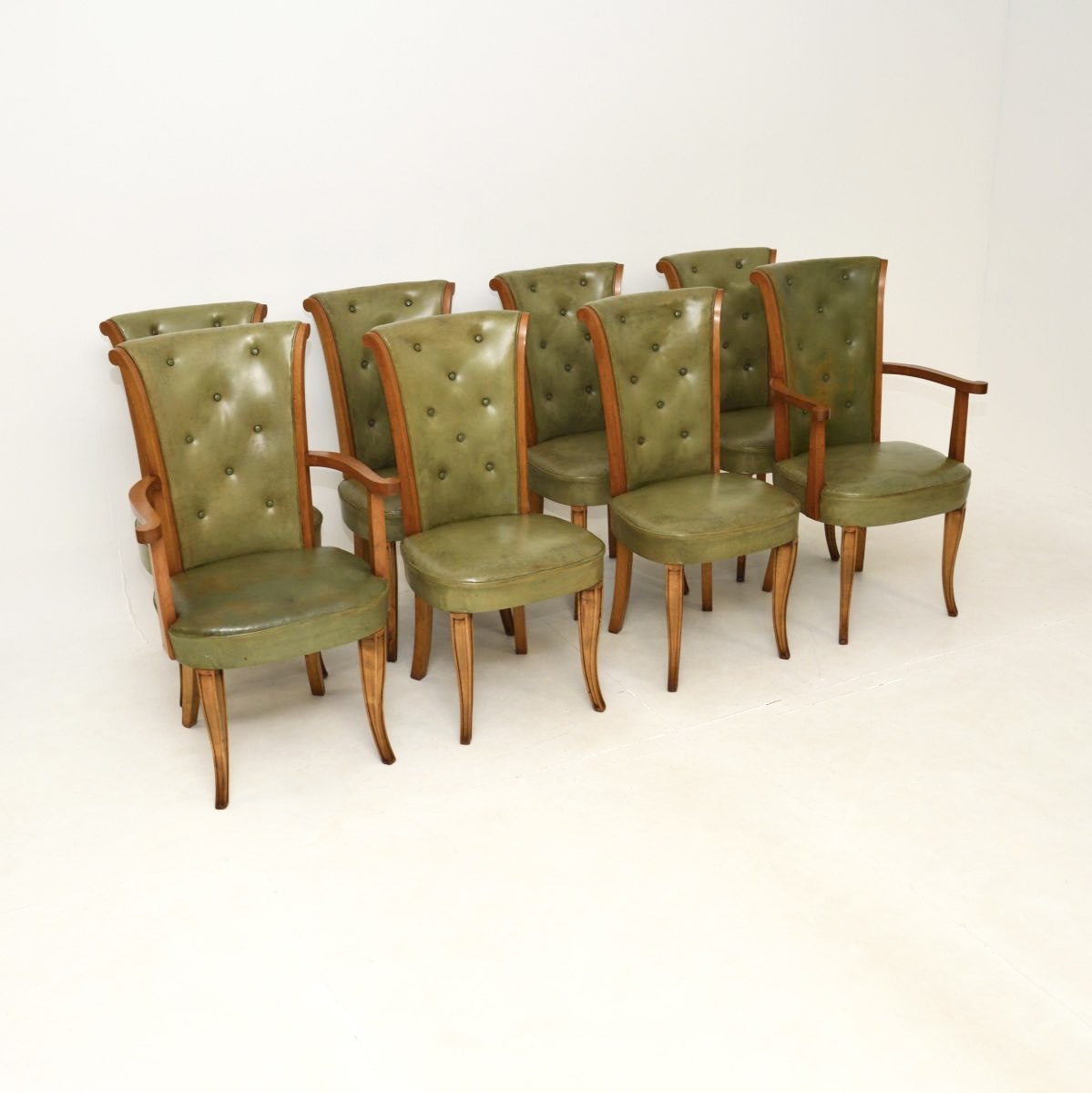 Set of Eight Art Deco Leather and Walnut Dining Chairs by Hille