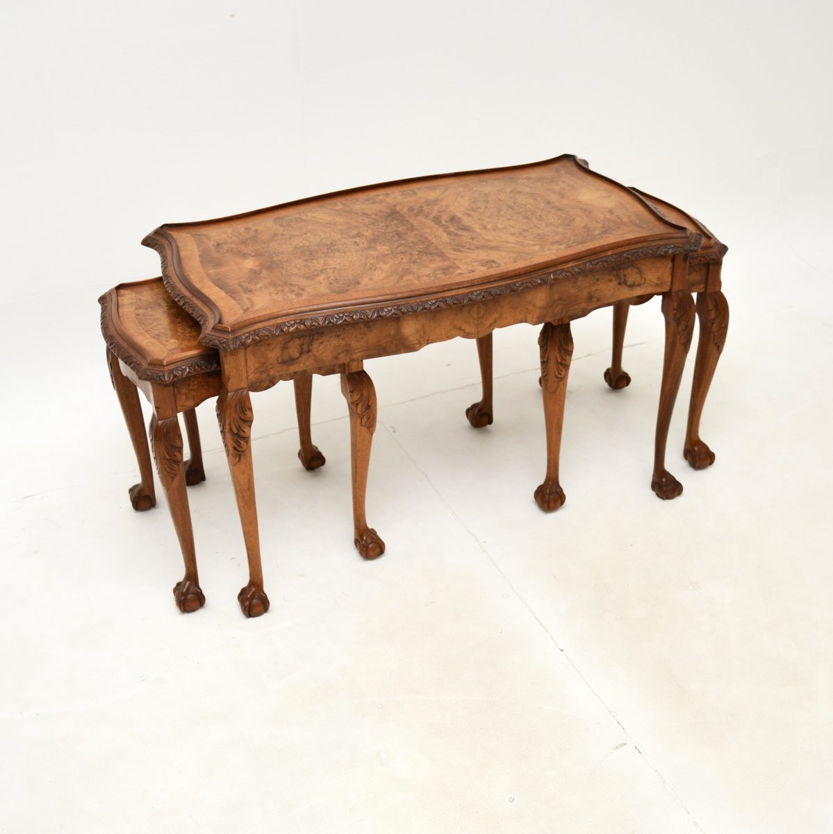 Antique Queen Anne Style Burr Walnut Nesting Coffee Table