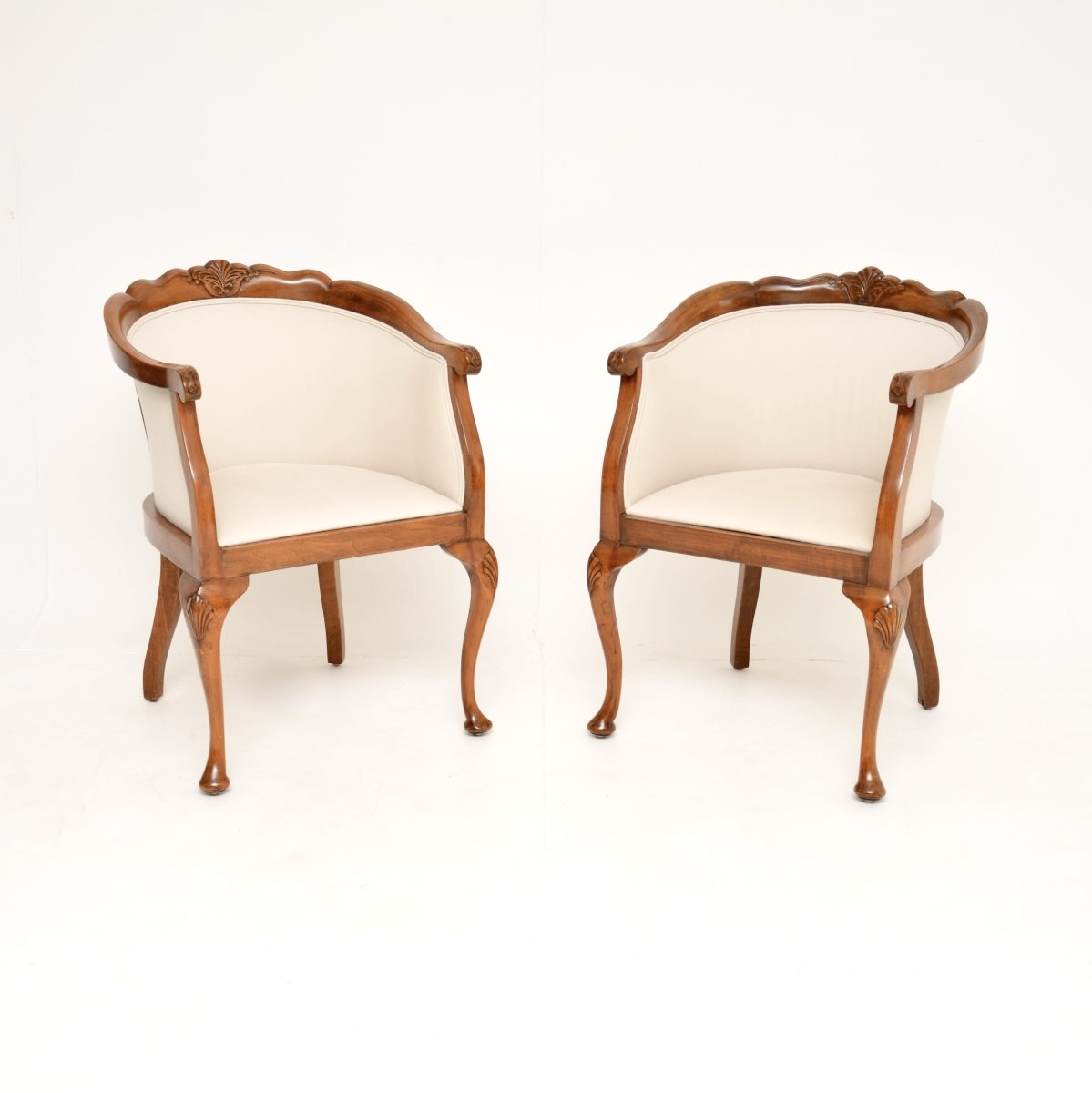 Pair of Antique Queen Anne Style Walnut Tub Armchairs