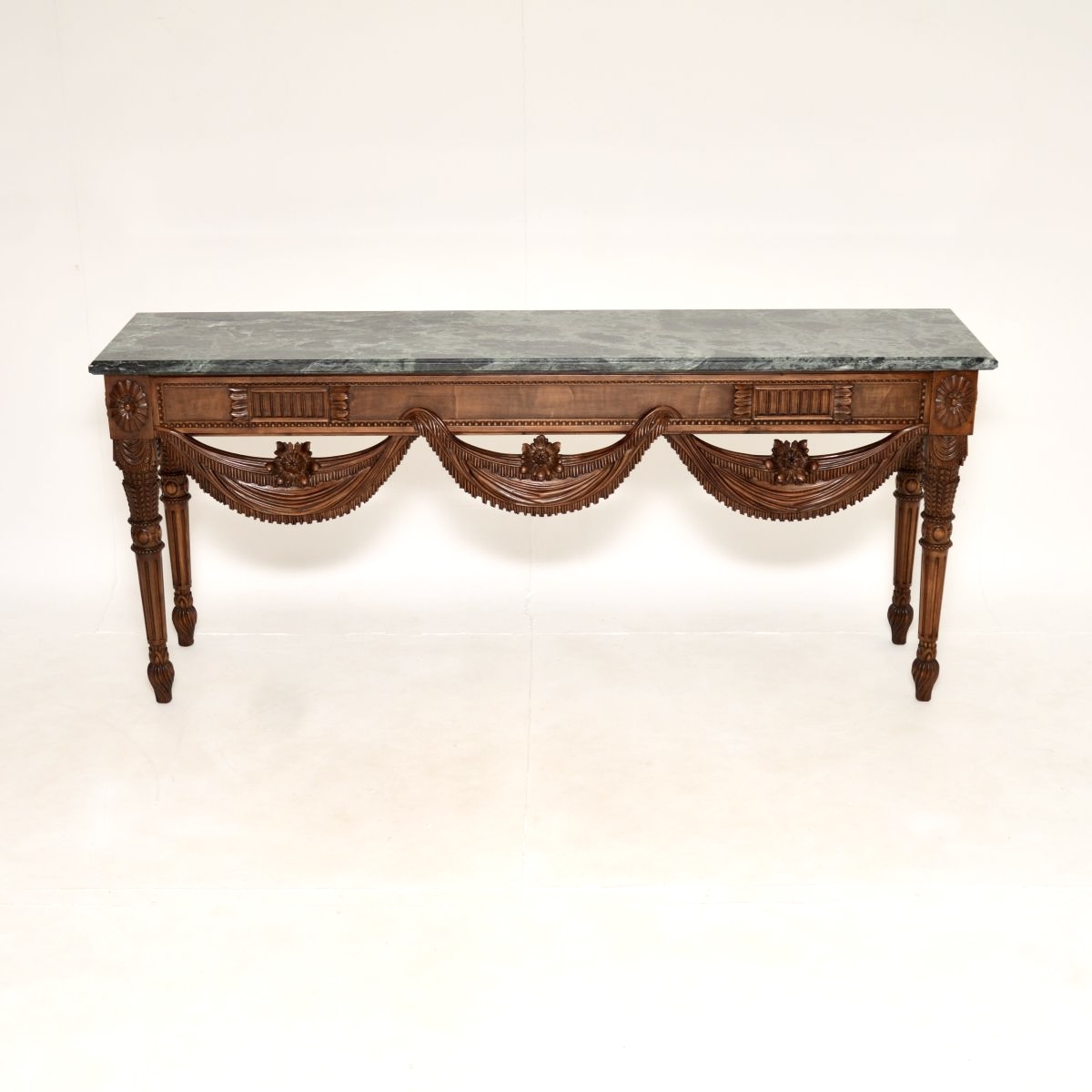 Antique Carved Solid Walnut Marble Top Console Table