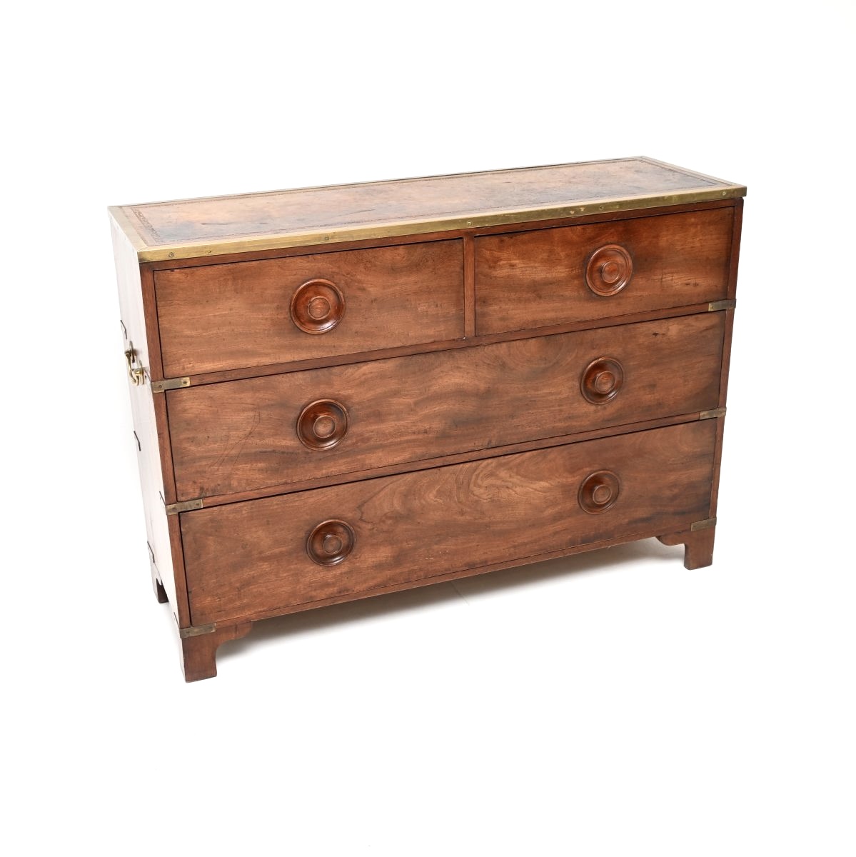 Antique Mahogany Leather Top Military Campaign Chest of Drawers
