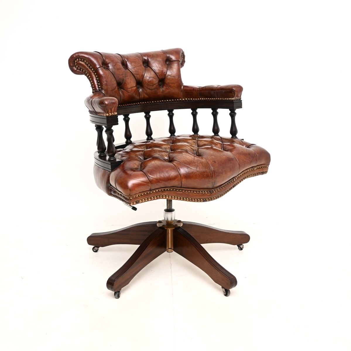 Antique Leather and Mahogany Swivel Captains Desk Chair