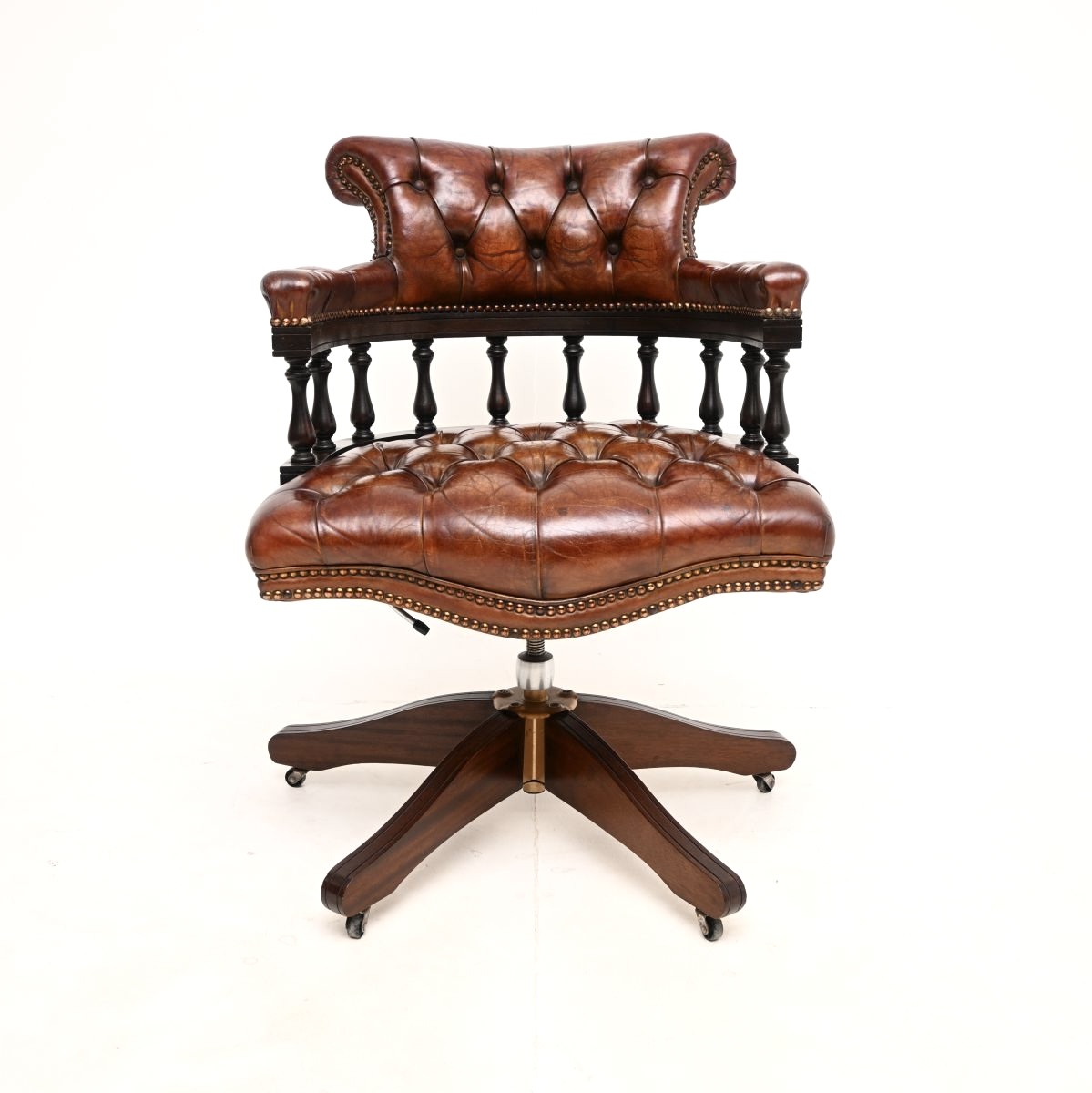 Antique Leather and Mahogany Swivel Captains Desk Chair