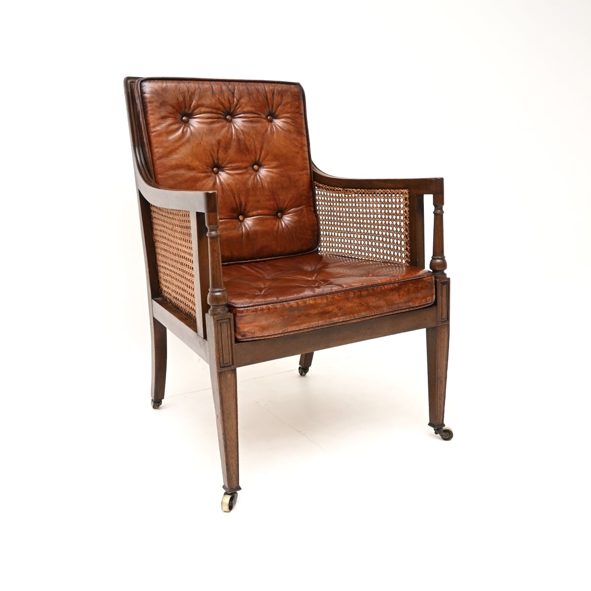 Antique Edwardian Leather and Mahogany Caned Armchair