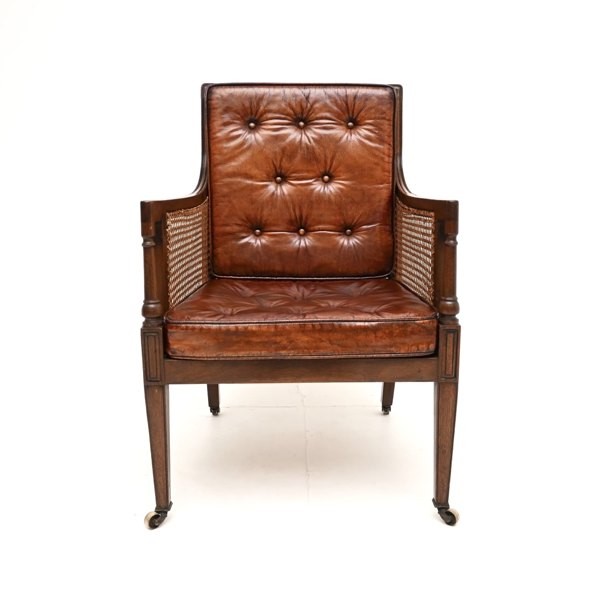 Antique Edwardian Leather and Mahogany Caned Armchair