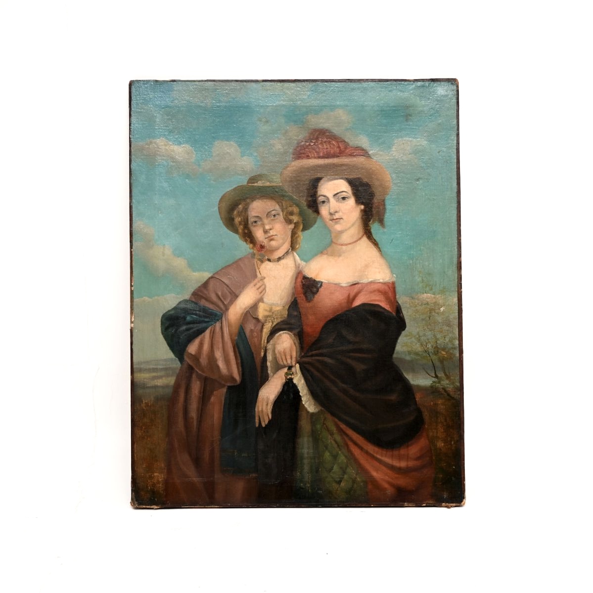 Antique 19th Century Victorian Oil Painting of Two Ladies