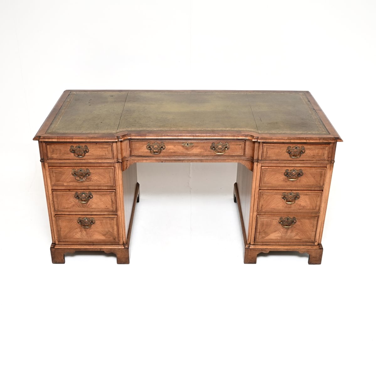 Large Antique Walnut Leather Top Pedestal Desk